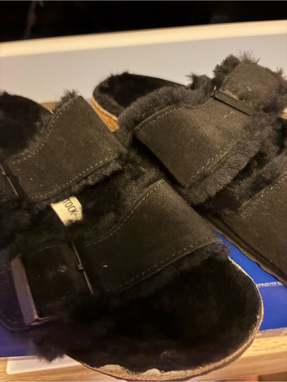Birkenstock Black Shearling Two-Strap Clog Slides